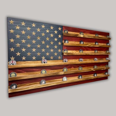 Unique Handcrafted Wooden American Flag Challenge Coin Display, Firefighter, Police, Military, Rustic Patriotic 37x19 inch (Standard Red, White, and Blue) in Saudi Arabia