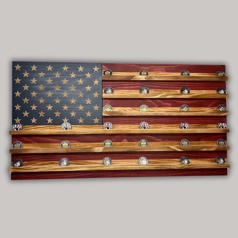 Unique Handcrafted Wooden American Flag Challenge Coin Display, Firefighter, Police, Military, Rustic Patriotic 37x19 inch (Standard Red, White, and Blue) in Saudi Arabia