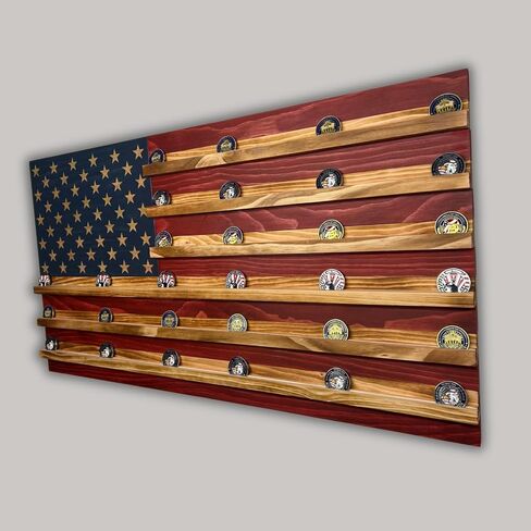Unique Handcrafted Wooden American Flag Challenge Coin Display, Firefighter, Police, Military, Rustic Patriotic 37x19 inch (Standard Red, White, and Blue) in Saudi Arabia
