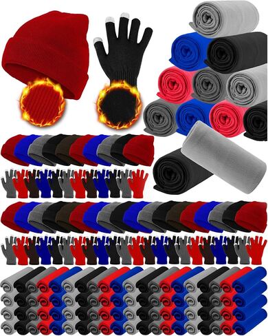 Panitay 150 Pcs Winter Beanies Gloves Fleece Throw Blankets in Bulk Winter Unisex Hat Touchscreen Gloves for Men Woman Homeless Shelter Donating Warm Gift in Saudi Arabia