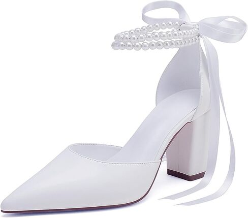 Closed Toe Pearl Heels Satin Wedding Shoes for Bride High Heels with Bow Chunky Block Heels for Women Prom Evening Party Dress Shoes Pumps in Saudi Arabia