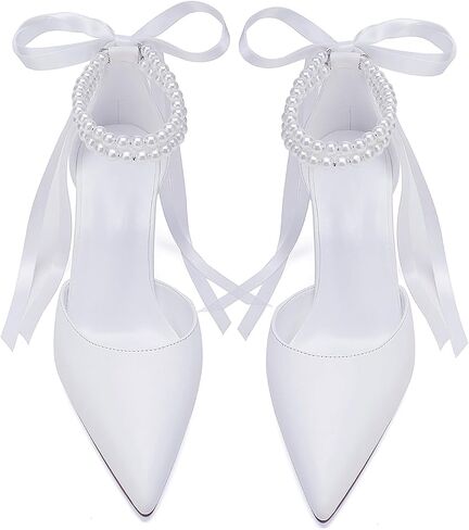 Closed Toe Pearl Heels Satin Wedding Shoes for Bride High Heels with Bow Chunky Block Heels for Women Prom Evening Party Dress Shoes Pumps in Saudi Arabia