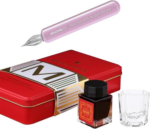 Majohn Crystal Glass Dip Pen Fountain Pen Kit Vintage Calligraphy Signatures Pen with Bottle Ink and Cleaning Cup, Pink in Saudi Arabia