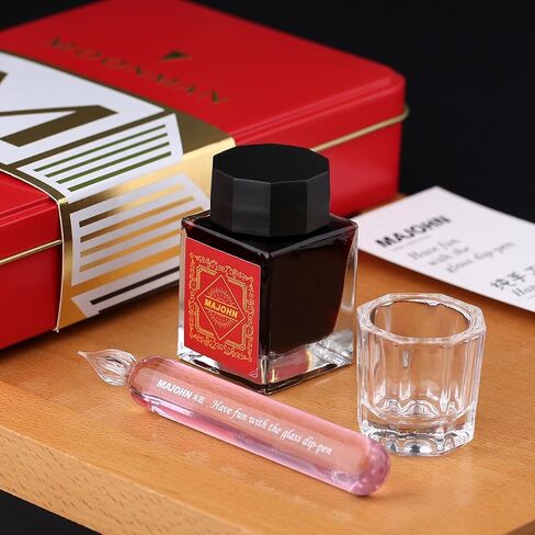 Majohn Crystal Glass Dip Pen Fountain Pen Kit Vintage Calligraphy Signatures Pen with Bottle Ink and Cleaning Cup, Pink in Saudi Arabia