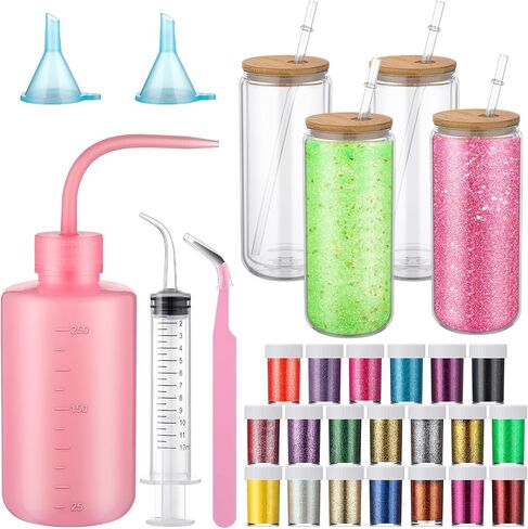 Zhehao 4 Pack Snow Globe Tumbler Supplies with 20 Colors Glitters 16oz Pre Drilled Double Wall Globe Cup with Lid and Straw Squeeze Bottle Funnel Tweezer Bent Syringe DIY Snowglobe Tumbler Starter Kit in Saudi Arabia