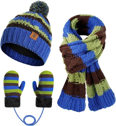 Kids Winter Pompom Beanie Hat Scarf Gloves Set for Boys&Girls Age 3-8, Fleece Lined Skull Cap Neck Warmer Mitten Set in Kuwait
