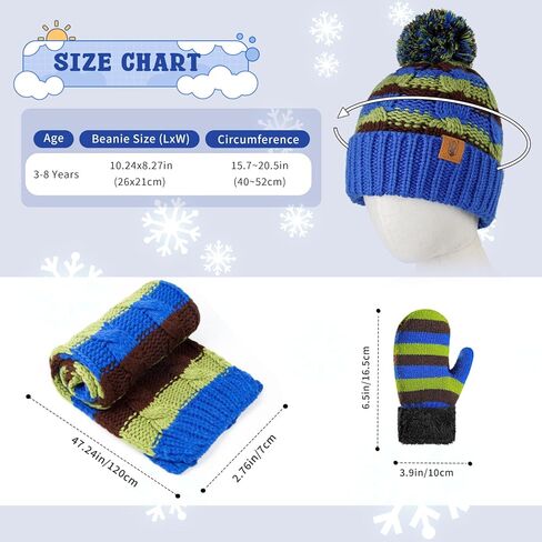 Kids Winter Pompom Beanie Hat Scarf Gloves Set for Boys&Girls Age 3-8, Fleece Lined Skull Cap Neck Warmer Mitten Set in Kuwait