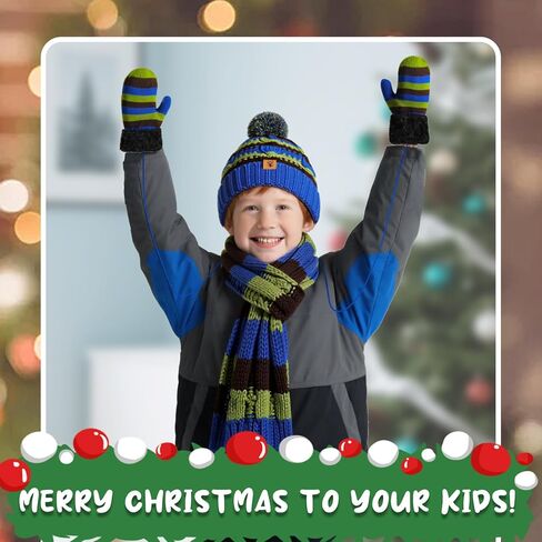 Kids Winter Pompom Beanie Hat Scarf Gloves Set for Boys&Girls Age 3-8, Fleece Lined Skull Cap Neck Warmer Mitten Set in Kuwait