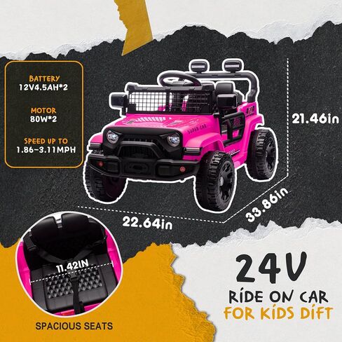 24 فولت ركوب على سيارة Jeep ، ركوب الأطفال على ألعاب مع أولياء الوالدين التحكم عن بعد ، 200W Motor Electric Car for Kids 2-4 مع تعليق رباعي العجلات ، البلوتوث ، MP3 ، الموسيقى ، LED ضوء ، مقعد واحد ، وردي in Kuwait