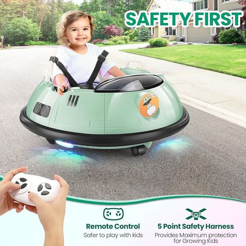Hikole Baby Bumper Car with Remote Control, 12V Battery Powered Ride on Bumper Car for Toddler with 3 Speed, 360 Degree Spin, LED Lights, Safety Belt, Dual Joysticks, Green in Saudi Arabia