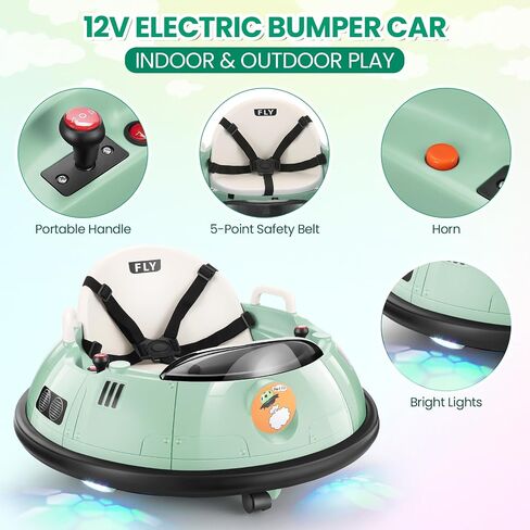 Hikole Baby Bumper Car with Remote Control, 12V Battery Powered Ride on Bumper Car for Toddler with 3 Speed, 360 Degree Spin, LED Lights, Safety Belt, Dual Joysticks, Green in Saudi Arabia
