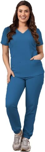 Green Town Scrubs for Women Scrub Set - Jogger Pant and V-Neck Top, 6 Pockets, Easy Care Uniforms-Caribbean-Small Tall in Saudi Arabia