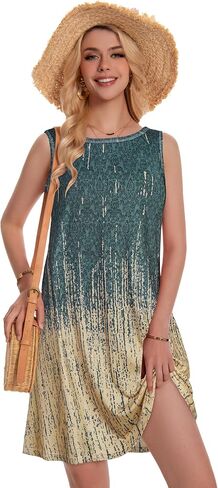 Summer Dresses for Women Beach Boho Sleeveless Vintage Floral Flowy Pocket Tshirt Tank Sundresses in Kuwait