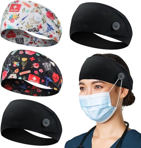 HoogaLife 4pcs Headbands With Buttons For Mask, Women's And Men's Turban Non-Slip Workout Headbands Hair Bands Protect Your Hair And Ears - Medical Set in Kuwait
