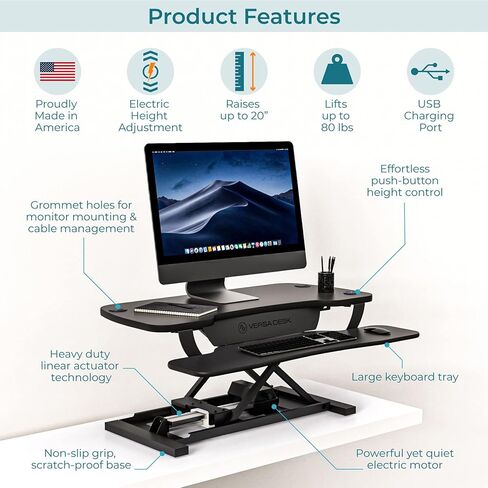 Power Pro Pro Electric Hight-Adminted Desk Riser بواسطة Propeatables | الولايات المتحدة المصنعة | محول المكتب الدائم | الجلوس للوقوف سطح المكتب مع لوحة المفاتيح + صينية الماوس | 36 "× 24" | أسود in Kuwait