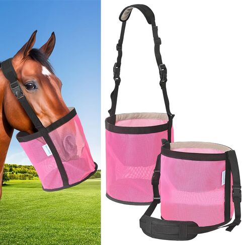 Horse Feed Bag Pack of 2, Feed Bags for Horses with Ventilation Mesh, Comfort Nose Pad Neck Pad, Adjustable Strap, Spill Proof Design for Independent Feeding Grain, Supplements (Pink) in Kuwait