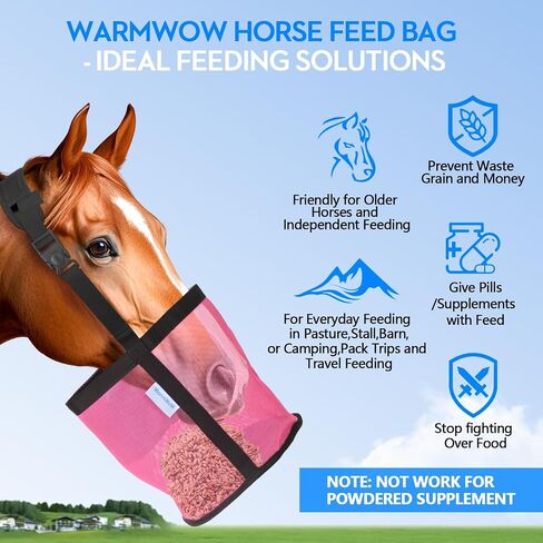 Horse Feed Bag Pack of 2, Feed Bags for Horses with Ventilation Mesh, Comfort Nose Pad Neck Pad, Adjustable Strap, Spill Proof Design for Independent Feeding Grain, Supplements (Pink) in Kuwait