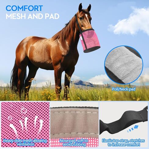 Horse Feed Bag Pack of 2, Feed Bags for Horses with Ventilation Mesh, Comfort Nose Pad Neck Pad, Adjustable Strap, Spill Proof Design for Independent Feeding Grain, Supplements (Pink) in Kuwait