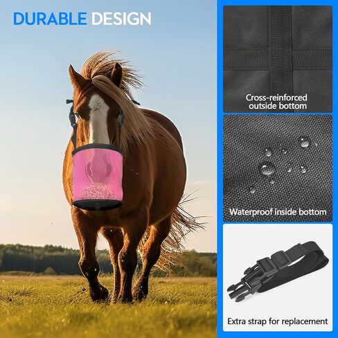 Horse Feed Bag Pack of 2, Feed Bags for Horses with Ventilation Mesh, Comfort Nose Pad Neck Pad, Adjustable Strap, Spill Proof Design for Independent Feeding Grain, Supplements (Pink) in Kuwait