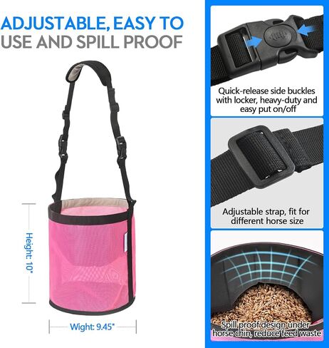 Horse Feed Bag Pack of 2, Feed Bags for Horses with Ventilation Mesh, Comfort Nose Pad Neck Pad, Adjustable Strap, Spill Proof Design for Independent Feeding Grain, Supplements (Pink) in Kuwait