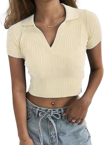 Hyipels Women's Crop Top Polo Shirts Summer Collor Female T-Shirt Short Sleeve Ribbed Solid Sexy V Neck Knit Tops in Kuwait