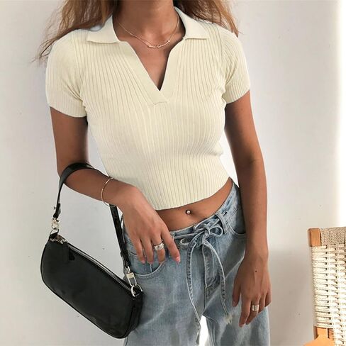 Hyipels Women's Crop Top Polo Shirts Summer Collor Female T-Shirt Short Sleeve Ribbed Solid Sexy V Neck Knit Tops in Kuwait