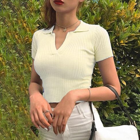 Hyipels Women's Crop Top Polo Shirts Summer Collor Female T-Shirt Short Sleeve Ribbed Solid Sexy V Neck Knit Tops in Kuwait