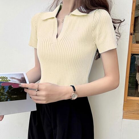 Hyipels Women's Crop Top Polo Shirts Summer Collor Female T-Shirt Short Sleeve Ribbed Solid Sexy V Neck Knit Tops in Kuwait