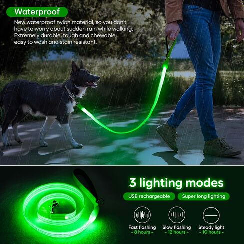 مقود الكلب LED ، Light Up Dog Leash 4 أقدام مضاءة بالكامل USB مقاومة للماء ، مقاوم نايلون عاكسة مع مقبض مبطن للمشي ليلة الكلاب ، توهج السلامة في الظلام للحيوانات الأليفة الكبيرة المتوسطة in Kuwait