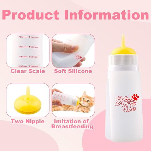 Kitten Bottle Feeding kit with Feeding Nipple and Syringe, Soft Silicone Nursing Pet Feeding Bottle, Ventilation Valve Resistant Tearing for Small Puppies, Kittens, Rabbit (M Nipple-Yellow) in Saudi Arabia