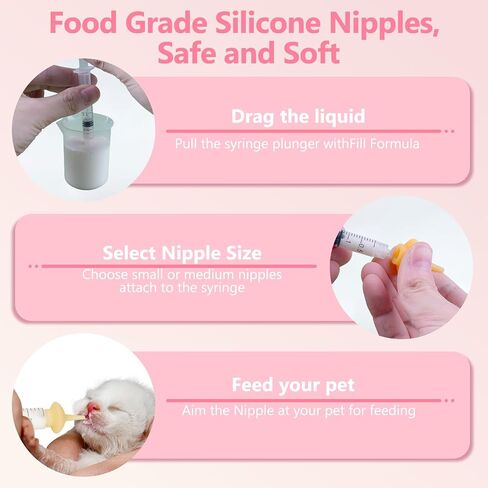 Kitten Bottle Feeding kit with Feeding Nipple and Syringe, Soft Silicone Nursing Pet Feeding Bottle, Ventilation Valve Resistant Tearing for Small Puppies, Kittens, Rabbit (M Nipple-Yellow) in Saudi Arabia