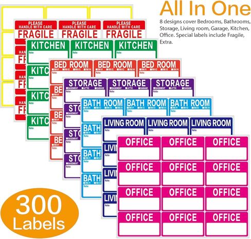 300 Count 3.5 x 2 Large Home Moving Packing Box Labels for 3-4 Bedroom House with Writable Notes Areas, 7 Color Coded Moving Labels for Boxes + Fragile Moving Stickers in Saudi Arabia