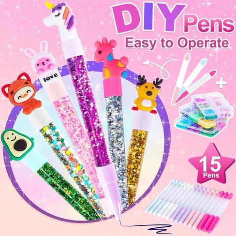 Subao 55+ DIY Glitter Gel Making Kit ، استوديو Creator Pen ، اصنع 15 أقلامًا لطيفة لطيفة ، فنون إبداعية وحرف للأطفال من العمر 5 6 7 8 ، هدايا عيد الميلاد للفتيات 9 10 11 12 سنة in Kuwait