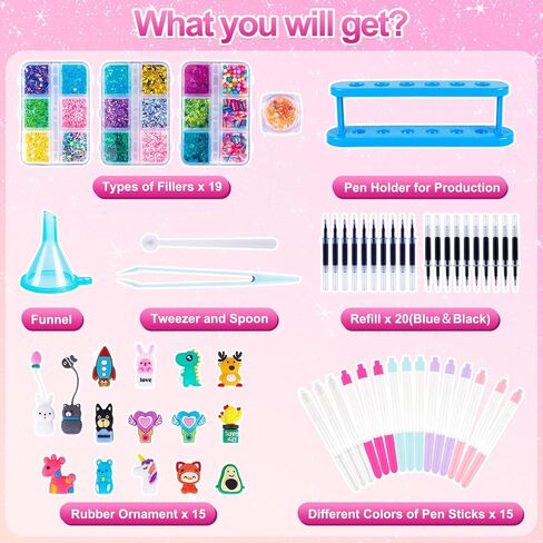 Subao 55+ DIY Glitter Gel Making Kit ، استوديو Creator Pen ، اصنع 15 أقلامًا لطيفة لطيفة ، فنون إبداعية وحرف للأطفال من العمر 5 6 7 8 ، هدايا عيد الميلاد للفتيات 9 10 11 12 سنة in Kuwait