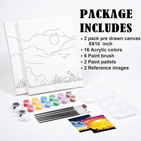 Nuberlic 2 Pack 8x10 Canvas مسبقًا للطلاء للبالغين Sip و Paint Kit for Come's Date Night Party Supplies Favors Day Gift Sunset و Starry Night in Kuwait