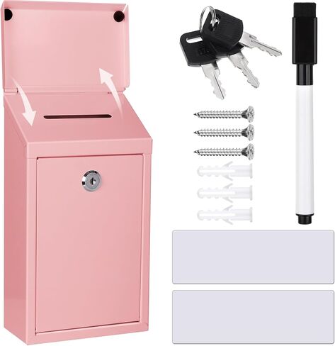 Metal Donation Box Charity Steel Collection Box Office Suggestion Secure Mailbox with Top Slot and Lock with Keys Wall Mount Waterproof Mailbox for Home Office (Pink, 10.2 x 5.7 x 2.9 Inch) in Saudi Arabia