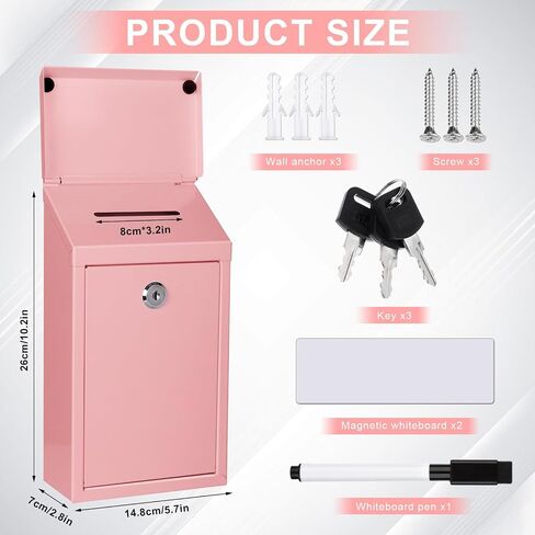 Metal Donation Box Charity Steel Collection Box Office Suggestion Secure Mailbox with Top Slot and Lock with Keys Wall Mount Waterproof Mailbox for Home Office (Pink, 10.2 x 5.7 x 2.9 Inch) in Saudi Arabia