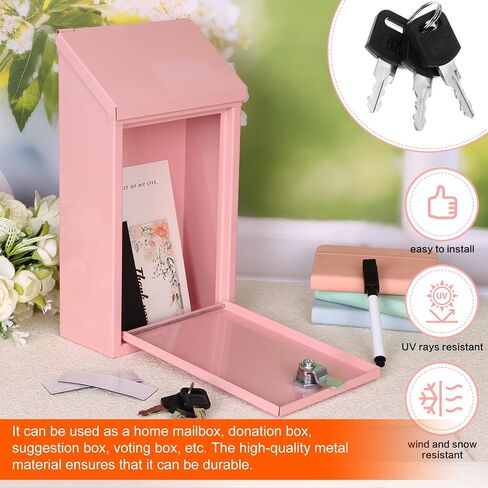 Metal Donation Box Charity Steel Collection Box Office Suggestion Secure Mailbox with Top Slot and Lock with Keys Wall Mount Waterproof Mailbox for Home Office (Pink, 10.2 x 5.7 x 2.9 Inch) in Saudi Arabia