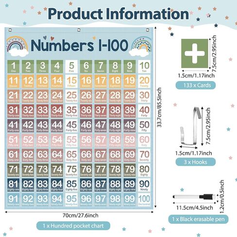 Frienda Hundreds Pocket Chart with 100 Pockets 107 Double-sided Number Cards 26 Blank Cards 1 Pen 3 Hooks Boho Number Chart 1-100 for Classroom Home Learning Counting and Organizer in Saudi Arabia