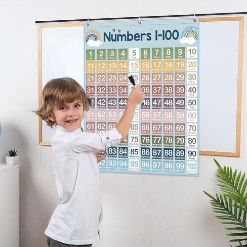 Frienda Hundreds Pocket Chart with 100 Pockets 107 Double-sided Number Cards 26 Blank Cards 1 Pen 3 Hooks Boho Number Chart 1-100 for Classroom Home Learning Counting and Organizer in Saudi Arabia