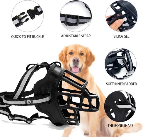 Dog Muzzle, Breathable Basket Muzzles for Small Medium Large Sized Dogs, Adjustable Humane Cage Mouth Cover for Scavenging Grooming Biting Chewing, Allows Panting and Drinking(Soft Rubber, L) in Kuwait