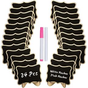 Uniclife 24 Pack Mini Chalkboard Signs for Food, Small Chalkboard Signs with Stands Chalk Markers & Replacement Stickers, Reusable Wooden Labels for Party Buffet Wedding, Blackboard Place Cards, Wavy in Saudi Arabia