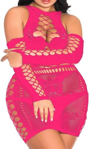 Vivilover Womens Fishnet Bodysuit Mesh Plus Size Babydoll Lingerie Sets with Net Gloves, 2 Peices in Saudi Arabia
