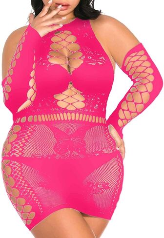 Vivilover Womens Fishnet Bodysuit Mesh Plus Size Babydoll Lingerie Sets with Net Gloves, 2 Peices in Saudi Arabia