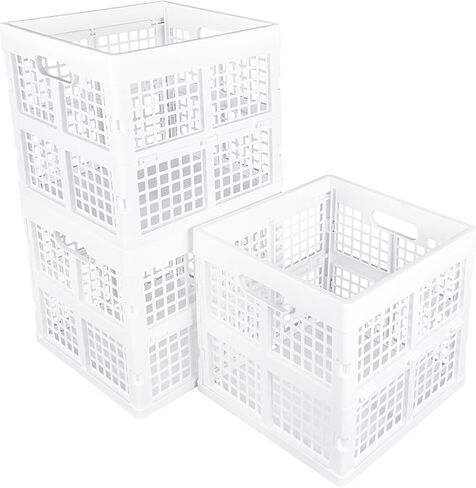 3-Pack Collapsible Plastic Storage Crates,Foldable Crates for Storage,16L (White) in Kuwait