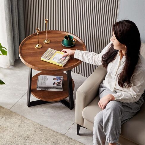2-Tier Round Side Table with Storage Shelf, Wood and Metal Frame Side Table for Living Room & Bedroom, Small Round End Tables for Small Spaces, Easy Assembly (19.7" D x 23.6" H) in Saudi Arabia