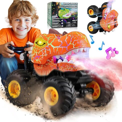 Bezgar Monster Truck Toys - شاحنة وحش التحكم عن بُعد مع الرش والضوء والموسيقى ولعب الديناصورات للأطفال وشاحنة RC 1:20 مع 360 درجة تدور والانجراف ، سيارة التحكم عن بُعد للأولاد 4-7 الأخضر in Kuwait