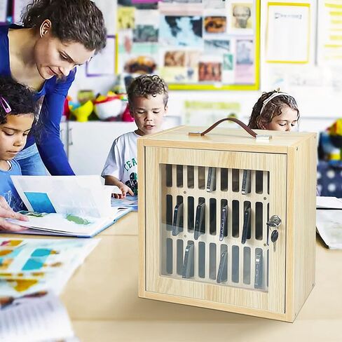 Cell Phone Holder Classroom 33 Slots Wooden, Pocket Chart Storage Cabinet with Handle and Security Lock for Cell Phone, Phone Lock Box for Classroom, Oak in Saudi Arabia