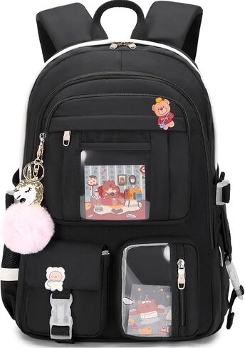 Backpack for Girls with Accessories Laptop Bookbags 16 Inch Kawaii Kids Elementary Middle High School Bag College Travel Daypack Gifts for Teens Women Students (Black) in Kuwait