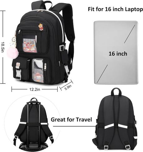 Backpack for Girls with Accessories Laptop Bookbags 16 Inch Kawaii Kids Elementary Middle High School Bag College Travel Daypack Gifts for Teens Women Students (Black) in Kuwait